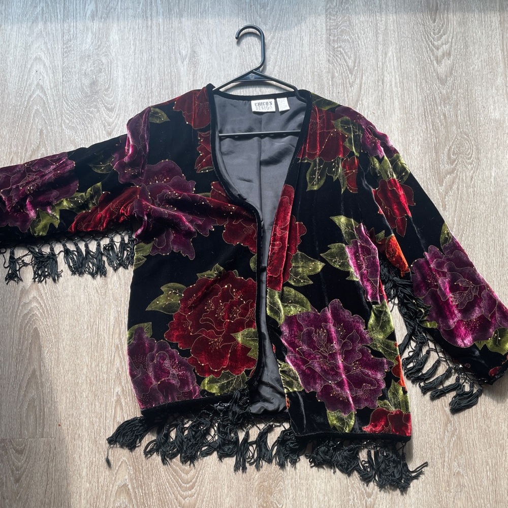 Vintage Chico’s Velvet Floral Beaded Tassel Fringe Shawl Jacket